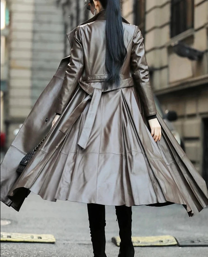 Nerazzurri Autumn Long Brown Black Soft Faux Leather Trench Coat for Women Belt Skirted Elegant Luxury Fashion